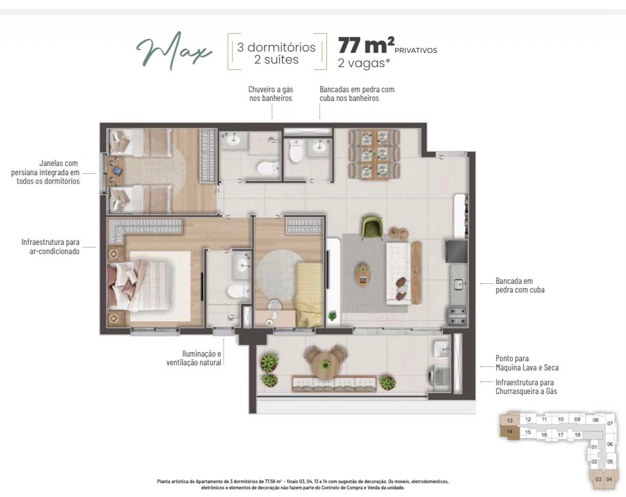 Planta Max de 77 m², com 3 dormitórios, do Dom Parque